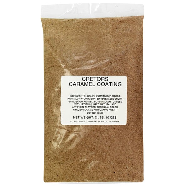 A package of Cretors Caramel Popcorn Glaze with brown powder inside.