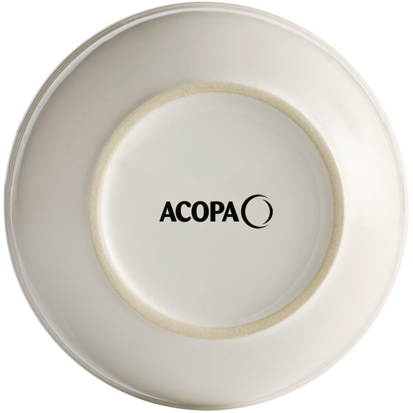 An Acopa ivory stoneware bowl with black text on it.