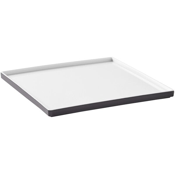 A white square plate with a black border.