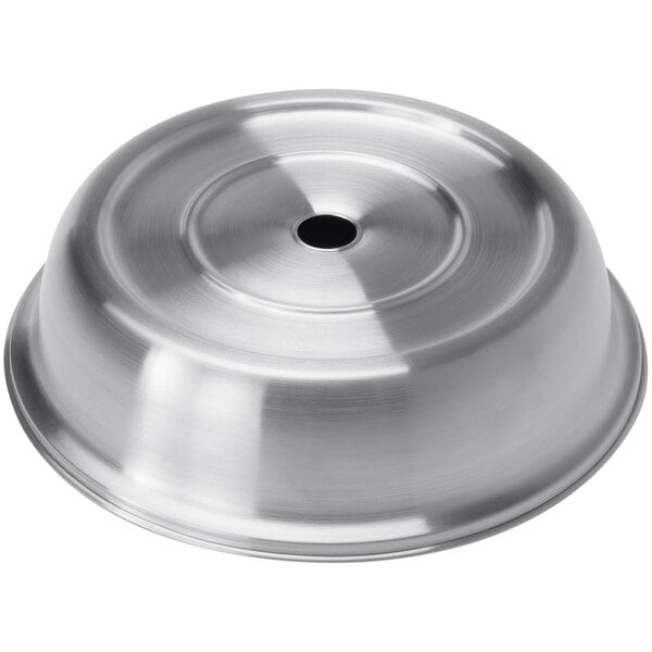 An American Metalcraft stainless steel plate cover with a hole in the center.