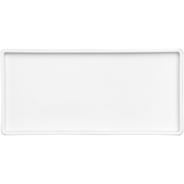 A white rectangular melamine serving platter with a mocha border.