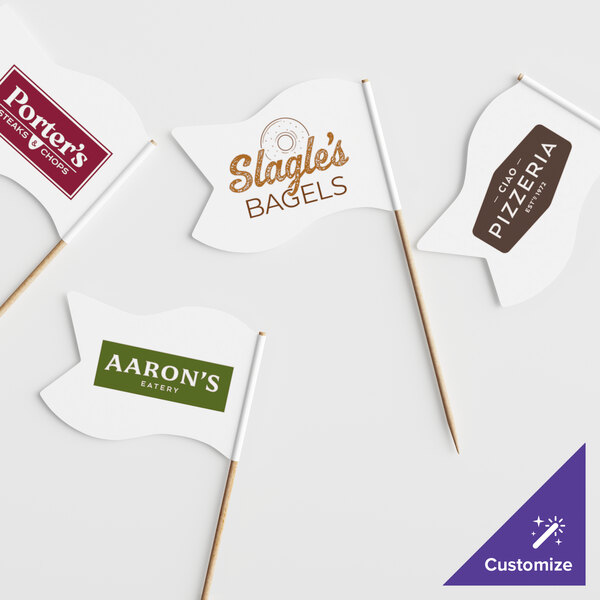 A group of Customizable Large Wavy Flag Picks with text on them.