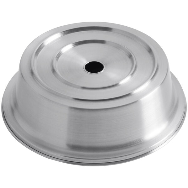 An American Metalcraft stainless steel plate cover with a hole in the center.