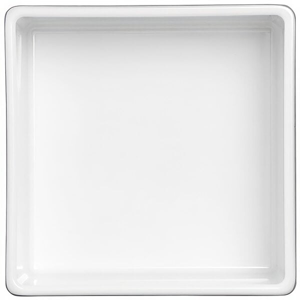 A white square melamine bowl with black trim.