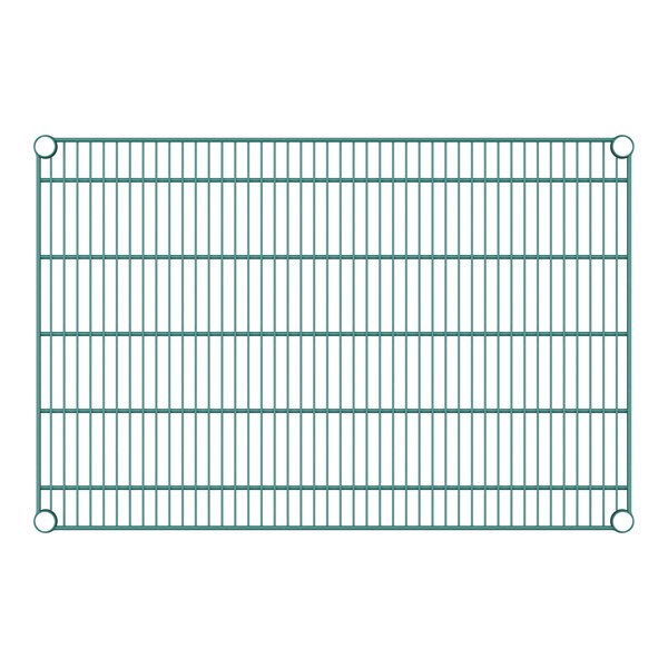 A green wire shelf with holes in the wire.