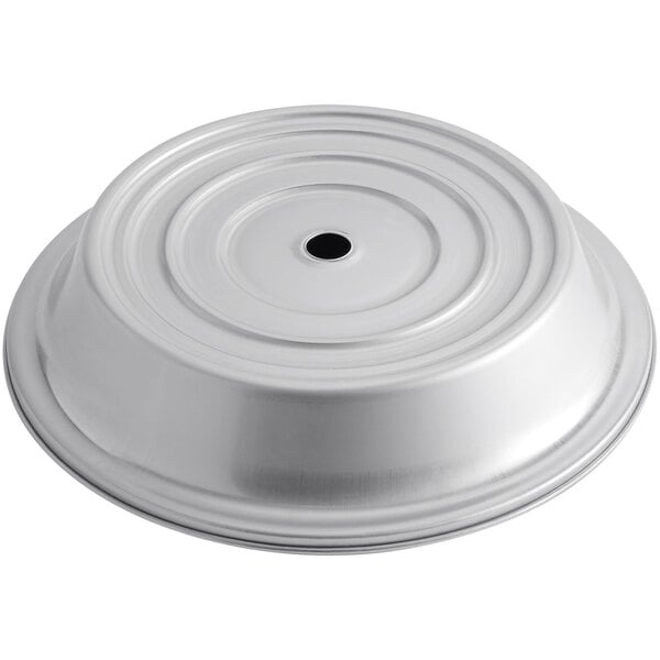 An American Metalcraft stainless steel plate cover with a hole in the center.