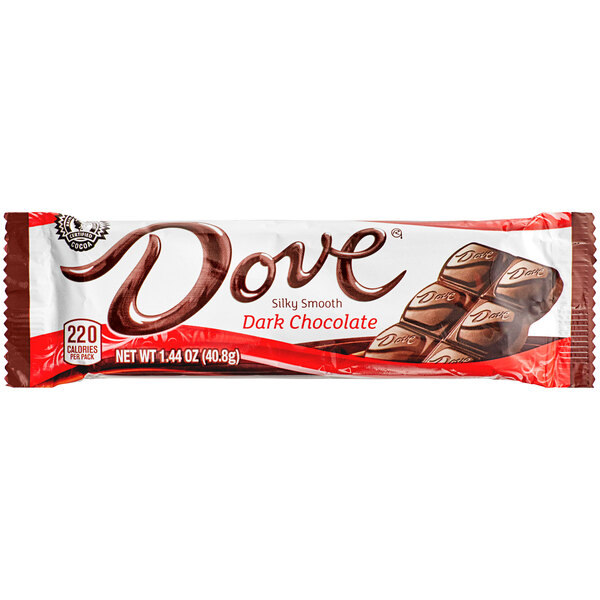 A Dove dark chocolate bar in red and white packaging.