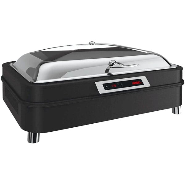 A black and silver rectangular Spring USA Solstice dual hot/cold chafing dish with a glass lid.