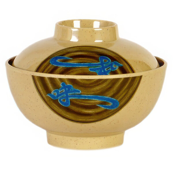 A Thunder Group Wei melamine bowl with a blue and brown design and lid.