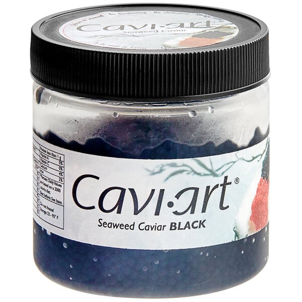 A jar of Cavi-Art vegan black caviar with a black and blue label.