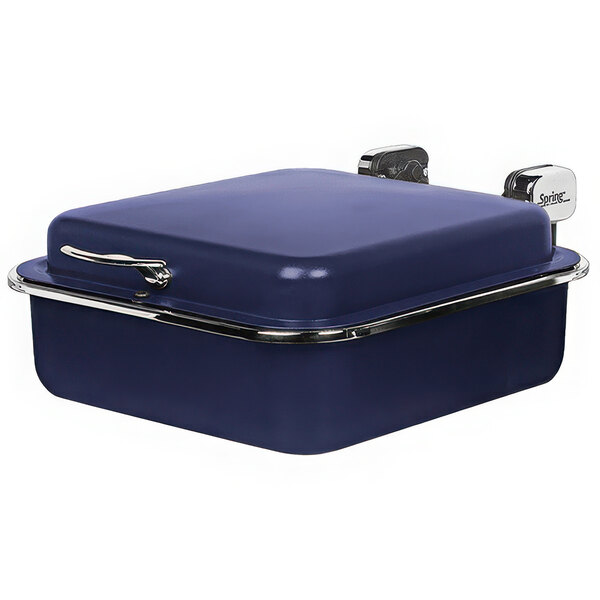 A blue rectangular chafer with silver accents.