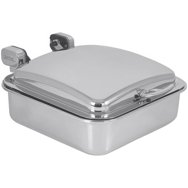 A silver stainless steel rectangular chafer with a lid.