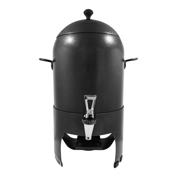 A black Spring USA stainless steel coffee urn with a lid and a handle.