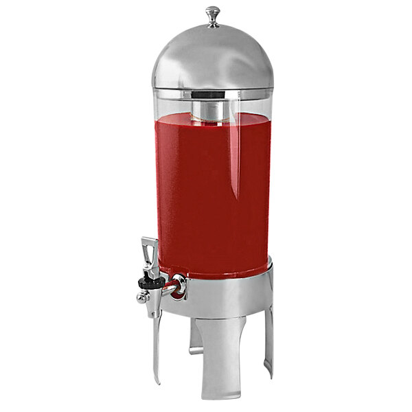 A red Spring USA plastic beverage dispenser with a stainless steel base.