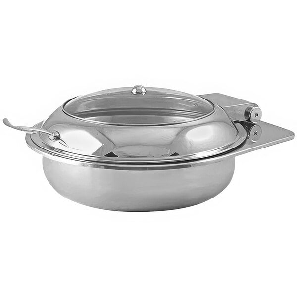 A stainless steel Spring USA Reflection chafer with a glass lid.
