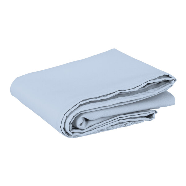 A folded light blue square of Intedge polyester table cover on a white background.