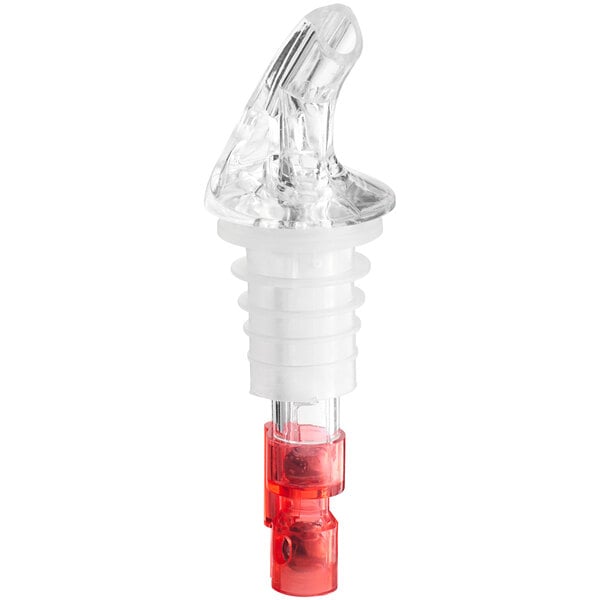 A close-up of a clear and red Choice 3-ball liquor pourer.