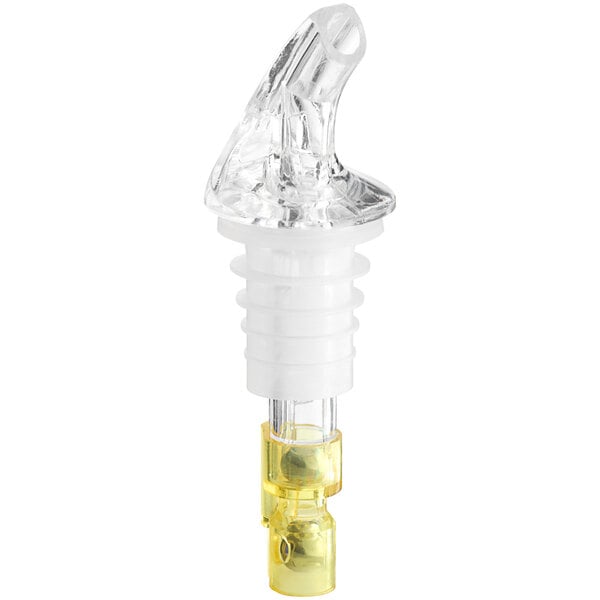 A clear plastic and yellow Choice 3-Ball Measured Liquor Pourer.