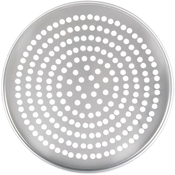 An American Metalcraft standard weight aluminum pizza pan with a circular metal surface and holes.