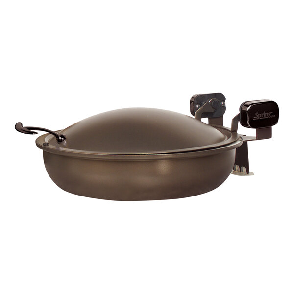 A Spring USA bronze stainless steel chafer with black accents and a lid.