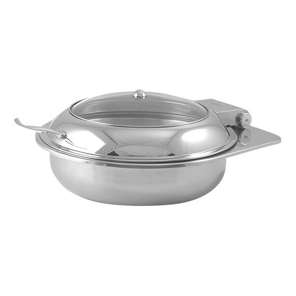 A Spring USA stainless steel chafing dish with a self-closing glass lid.