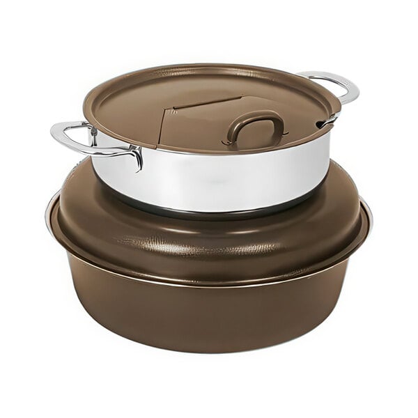 A Spring USA bronze and stainless steel Marmite chafer with a lid.