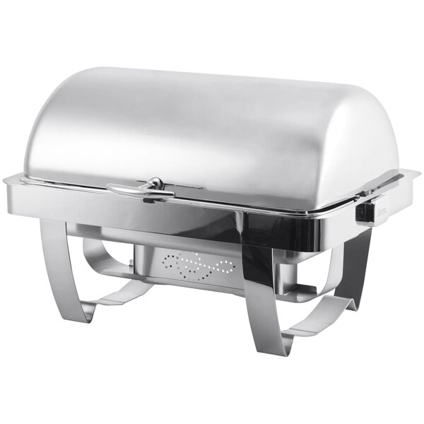 A Spring USA stainless steel rectangular chafer with a lid on a counter.