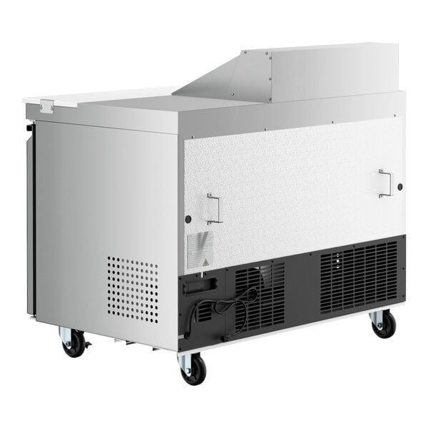 An Avantco stainless steel refrigerated sandwich prep table on wheels.