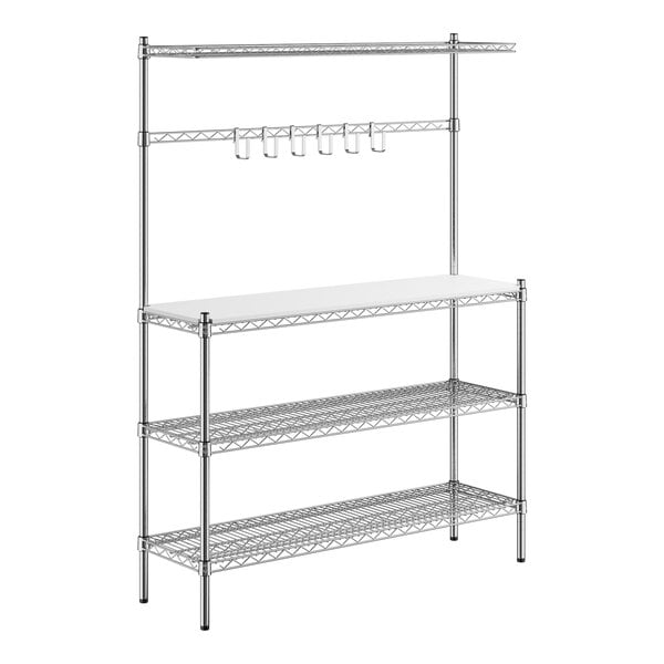 A chrome wire shelf with two shelves and a white plastic top.