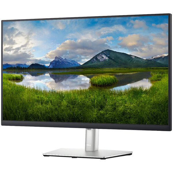 A Dell computer monitor with a landscape on the screen.