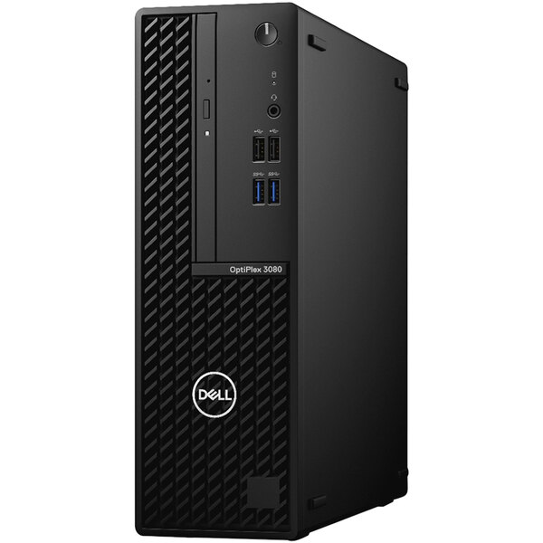 A black Dell OptiPlex 3080 desktop computer with blue and white text on the front.