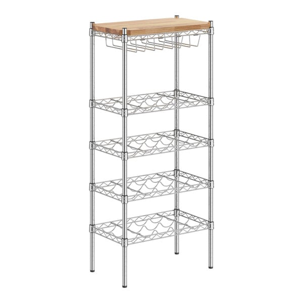 A metal Regency wine rack with a wood top.