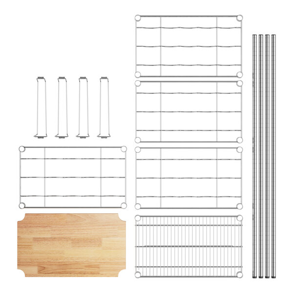 A Regency metal wire wine rack with wood shelves.