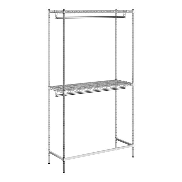 A Regency chrome double hang garment rack with shelves on it.