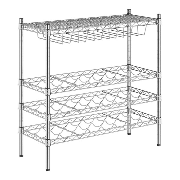 A Regency metal wire wine rack with three shelves holding wine bottles.