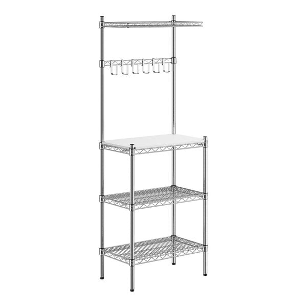 A chrome Regency wire shelf with plastic cutting board on top.