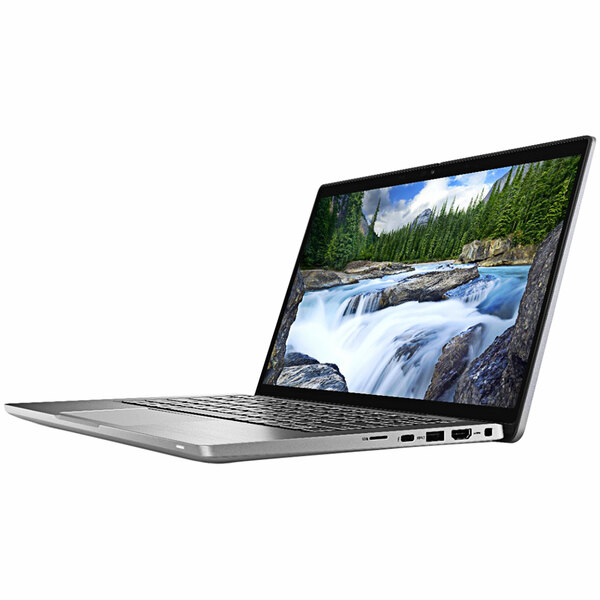 A Dell Latitude 7320 2-in-1 Laptop with a river and trees on the screen.