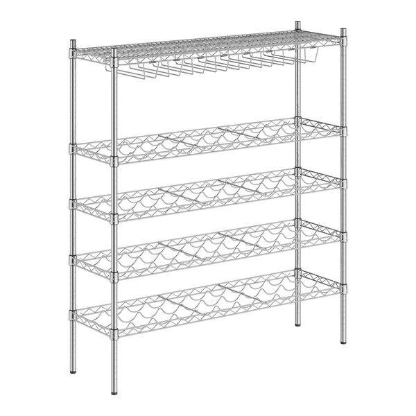 A metal wire rack with 4 shelves holding wine bottles.
