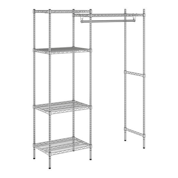 A wireframe of a Regency chrome single garment rack with shelves.