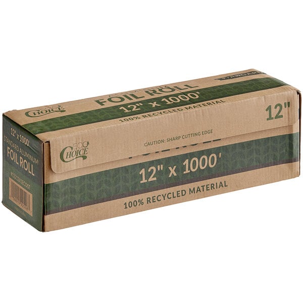 A cardboard box of EcoChoice aluminum foil rolls with green text.
