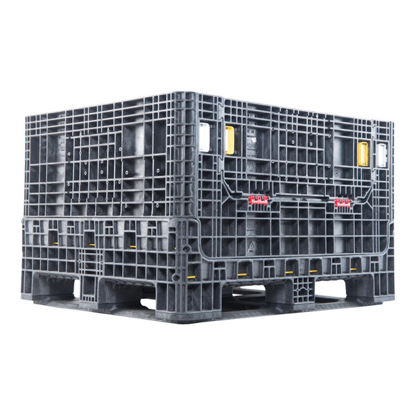 A large black collapsible plastic bulk container with a grid-like structure and reinforced corners.