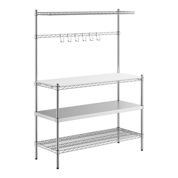 A chrome Regency wire baker's rack with stainless steel and plastic shelves.