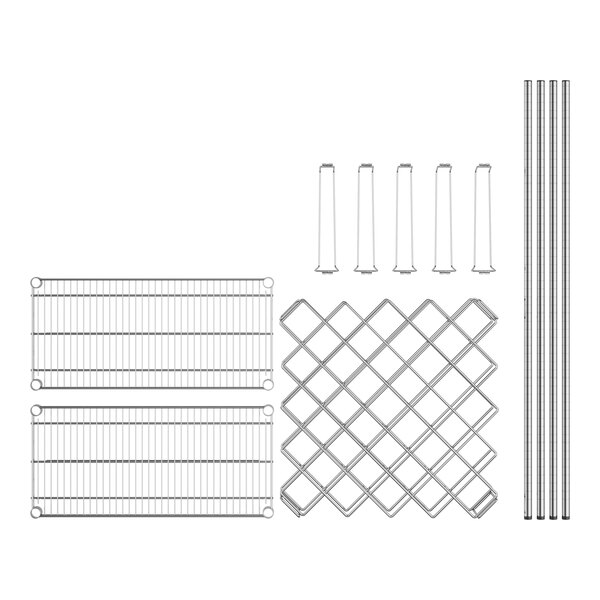 A wire wine rack module with metal rods and wire mesh shelves.