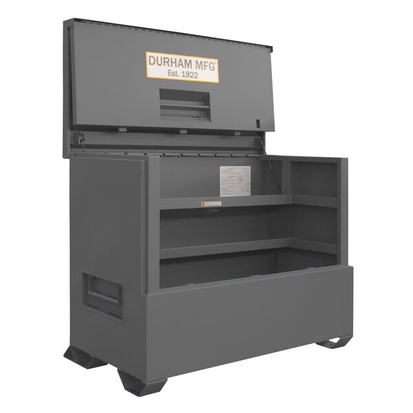 A large grey metal Durham job site piano box with a lid open.