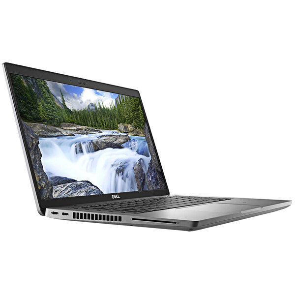 A white Dell Latitude 5420 laptop open to a waterfall and trees on the screen.