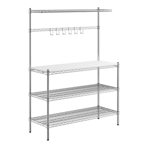 A chrome metal wire shelf with two wire shelves and a white plastic rectangular top.