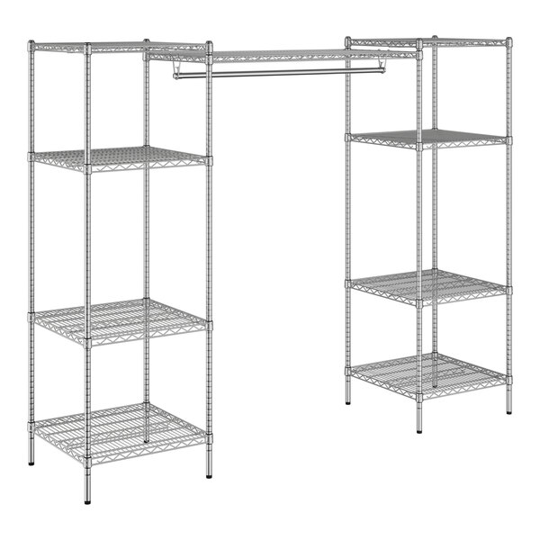 A wireframe of a Regency chrome double garment rack with shelves.