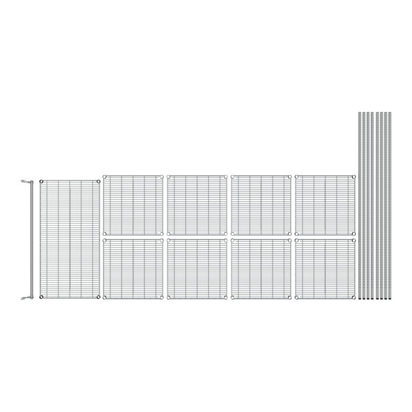 A Regency chrome garment rack with wire mesh panels and pipes.