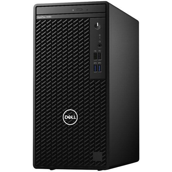 A black Dell OptiPlex 3080 Tower desktop computer with buttons and ports.