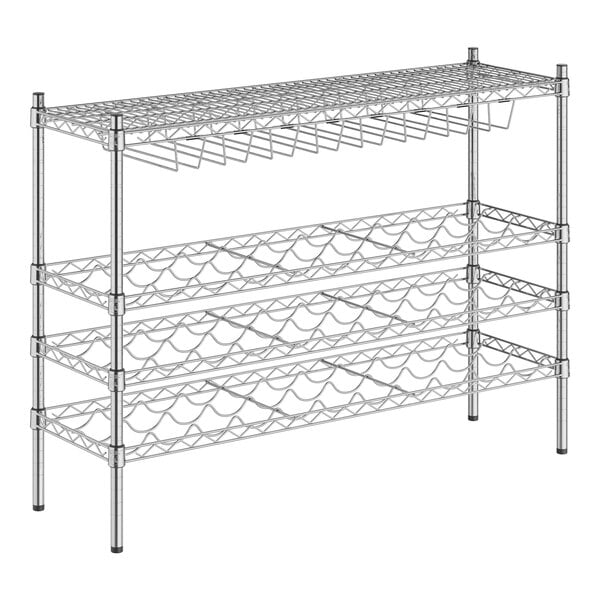 A Regency metal wire wine rack with shelves holding wine bottles.